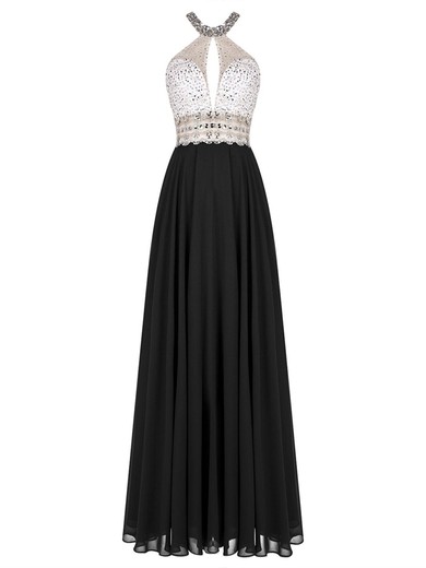 Open Back A-line Scoop Neck Black Chiffon Tulle Crystal Detailing Floor-length Prom Dress #JCD020102713
