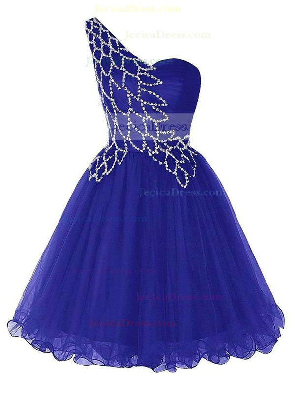 One Shoulder Short/Mini A-line Royal Blue Tulle with Beading Sweet Prom Dresses #JCD020102717