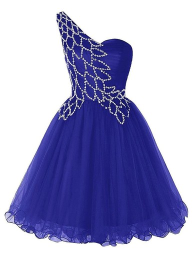 One Shoulder Short/Mini A-line Royal Blue Tulle with Beading Sweet Prom Dresses #JCD020102717