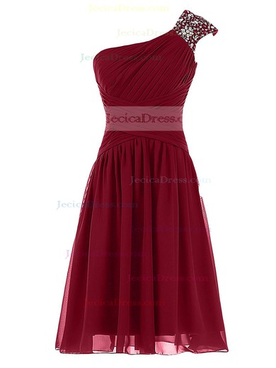 Cheap A-line Burgundy Chiffon Beading One Shoulder Knee-length Prom Dresses #JCD020102719