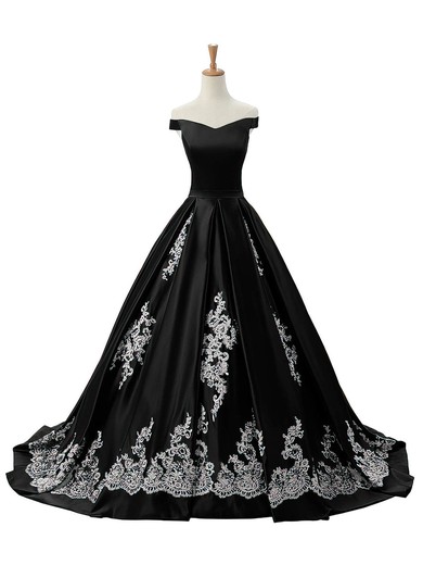 Princess Satin Appliques Lace Sweep Train Classic Black Off-the-shoulder Prom Dress #JCD020102721