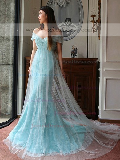 Unique Trumpet/Mermaid Lace Tulle with Sequins Sweep Train Off-the-shoulder Prom Dresses #JCD020102722