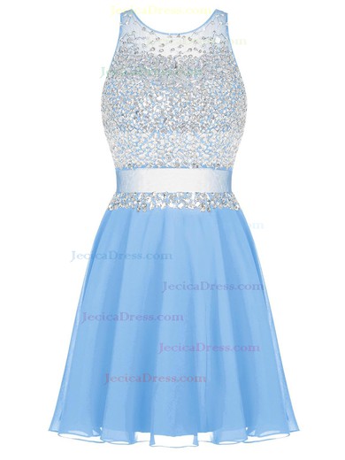 Fashion A-line Scoop Neck Chiffon Tulle Crystal Detailing Short/Mini Prom Dresses #JCD020102724