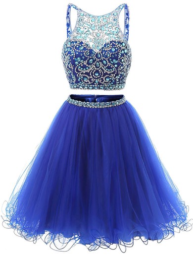 Backless A-line Scoop Neck Royal Blue Tulle Beading Short/Mini Two Piece Prom Dress #JCD020102726
