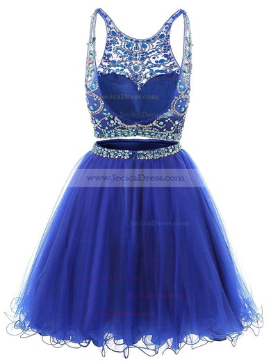 Backless A-line Scoop Neck Royal Blue Tulle Beading Short/Mini Two Piece Prom Dress #JCD020102726