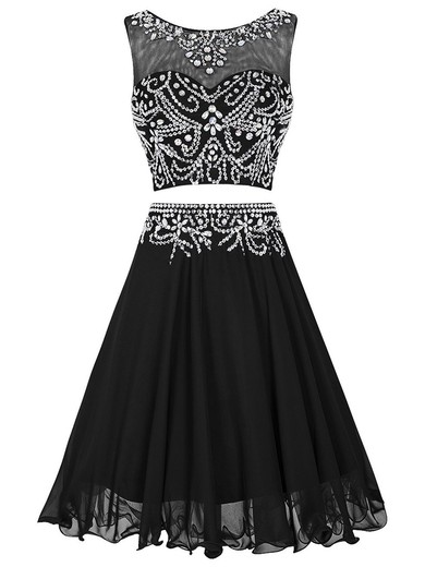 A-line Scoop Neck Black Chiffon Tulle with Beading Two Piece Knee-length Prom Dress #JCD020102727