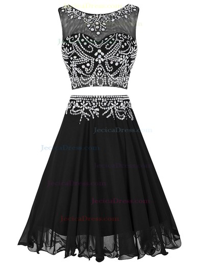 A-line Scoop Neck Black Chiffon Tulle with Beading Two Piece Knee-length Prom Dress #JCD020102727