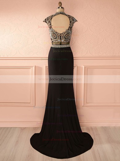 Black Open Back Chiffon Tulle Beading Sweep Train Sheath/Column High Neck Prom Dress #JCD020102730