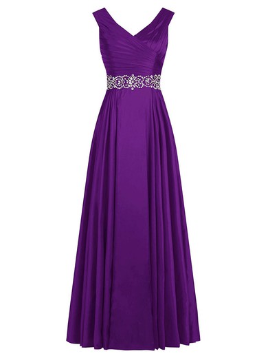 Classic A-line V-neck Satin with Beading Floor-length Prom Dresses #JCD020102732