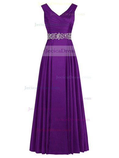 Classic A-line V-neck Satin with Beading Floor-length Prom Dresses #JCD020102732