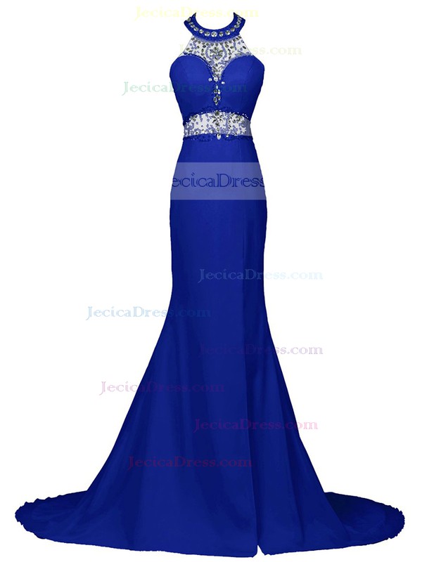 Trumpet/Mermaid Royal Blue Chiffon Beading Sweep Train Backless Halter Prom Dress #JCD020102733