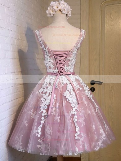 Sweet A-line Scoop Neck Tulle with Appliques Lace Knee-length Prom Dresses #JCD020102736