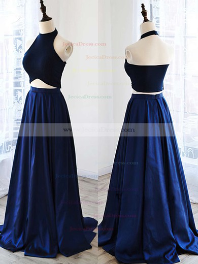 Glamorous A-line Ruffles Satin Floor-length Halter Two Piece Prom Dresses #JCD020102737