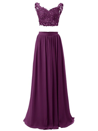 A-line V-neck Chiffon Appliques Lace Floor-length Two Piece Backless Prom Dress #JCD020102738