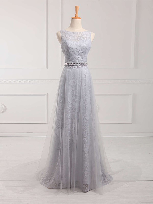Modest Scoop Neck Lace Tulle Beading Sweep Train Sheath/Column Prom Dresses #JCD020102739