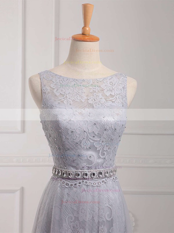 Modest Scoop Neck Lace Tulle Beading Sweep Train Sheath/Column Prom Dresses #JCD020102739