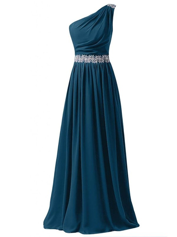 One Shoulder A-line Chiffon Appliques Lace Sweep Train Classy Prom Dresses #JCD020102742