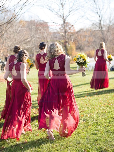 Elegant A-line V-neck Chiffon Floor-length Appliques Lace Open Back Burgundy Bridesmaid Dresses #JCD01012952