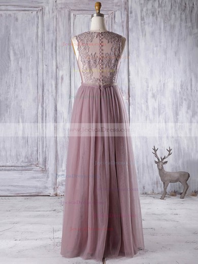 A-line V-neck Tulle with Appliques Lace Floor-length Fabulous Bridesmaid Dresses #JCD01012956