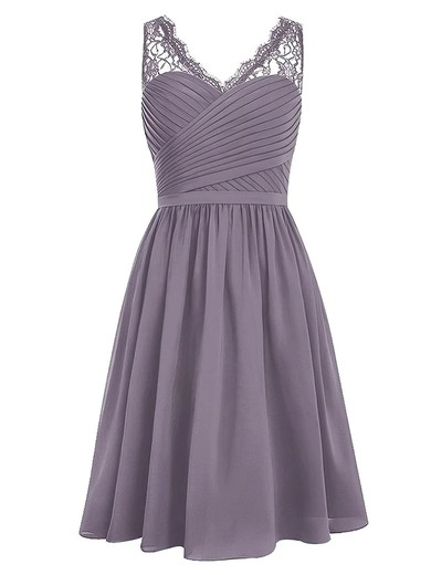 Knee-length A-line V-neck Chiffon with Lace Affordable Bridesmaid Dresses #JCD01012958