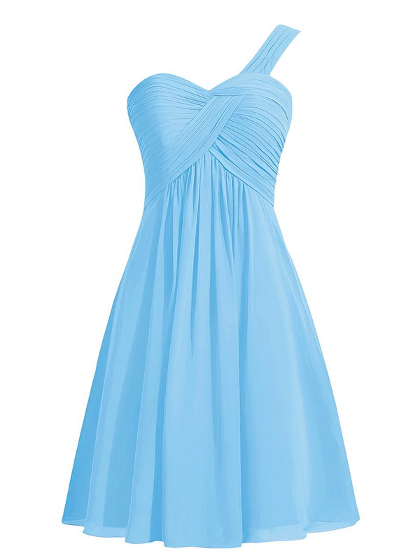 Custom Empire Blue Chiffon with Ruffles Knee-length One Shoulder Bridesmaid Dresses #JCD01012959