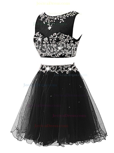 Short/Mini A-line Scoop Neck Black Tulle Beading Girls Two Piece Prom Dresses #JCD020102621