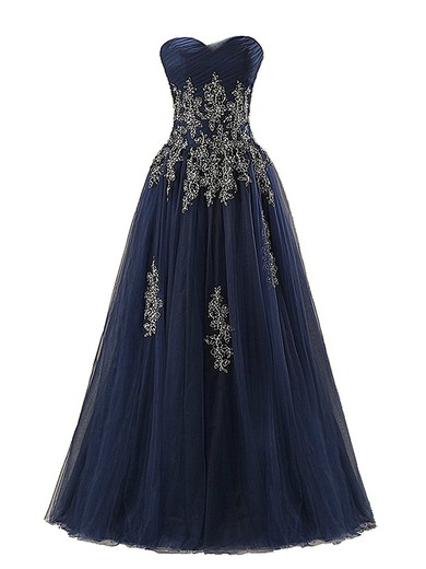 A-line Sweetheart Dark Navy Tulle Appliques Lace Floor-length Wholesale Prom Dresses #JCD020102622