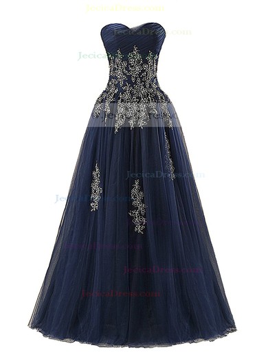 A-line Sweetheart Dark Navy Tulle Appliques Lace Floor-length Wholesale Prom Dresses #JCD020102622