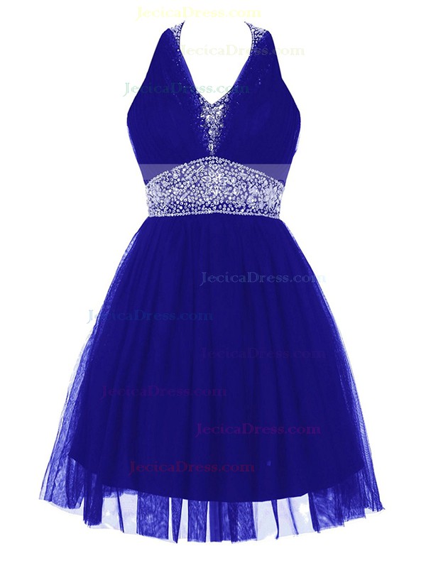 Inexpensive Backless A-line Royal Blue Tulle Beading Short/Mini Halter Prom Dresses #JCD020102623