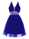 Inexpensive Backless A-line Royal Blue Tulle Beading Short/Mini Halter Prom Dresses #JCD020102623