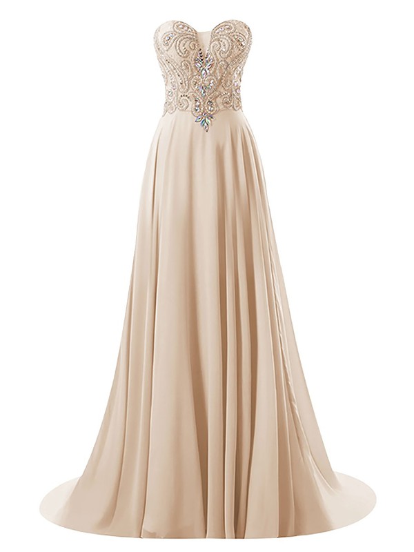 A-line Sweetheart Champagne Chiffon with Beading Sweep Train Cheap Prom Dresses #JCD020102625
