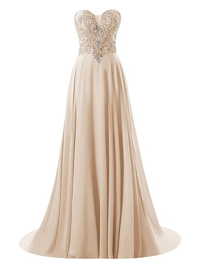 A-line Sweetheart Champagne Chiffon with Beading Sweep Train Cheap Prom Dresses #JCD020102625