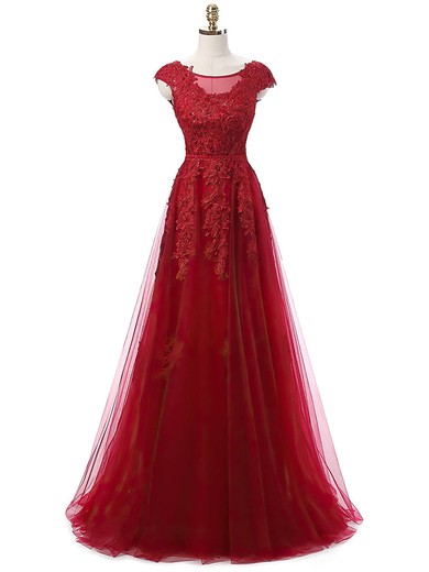 A-line Scoop Neck Burgundy Tulle Appliques Lace Floor-length Custom Prom Dresses #JCD020102626