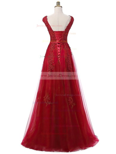 A-line Scoop Neck Burgundy Tulle Appliques Lace Floor-length Custom Prom Dresses #JCD020102626