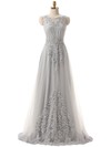 A-line Scoop Neck Silver Tulle with Beading Floor-length Elegant Prom Dresses #JCD020102628