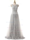 A-line Scoop Neck Silver Tulle with Beading Floor-length Elegant Prom Dresses #JCD020102628