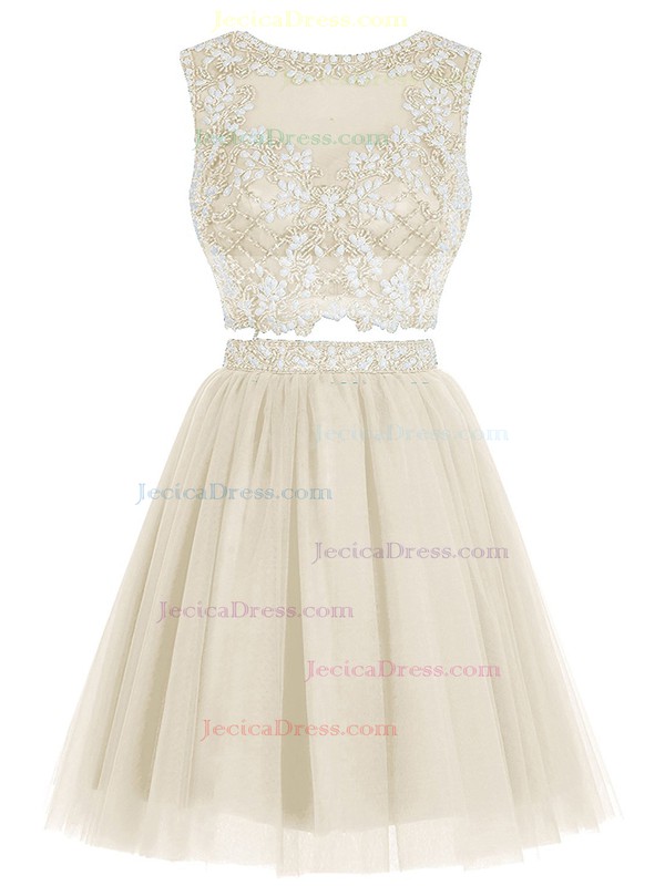 Trendy Open Back A-line Scoop Neck Tulle Beading Knee-length Two Piece Prom Dresses #JCD020102632