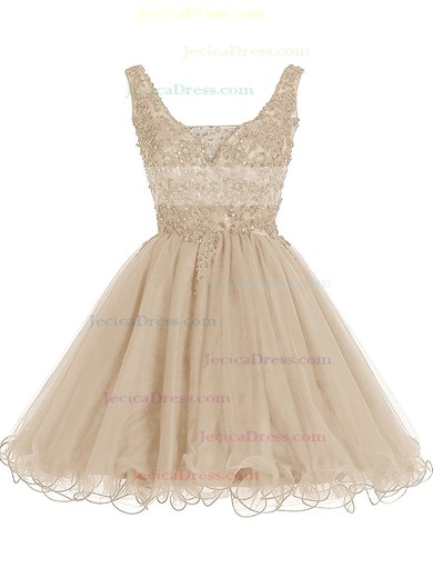 Short/Mini A-line V-neck Champagne Tulle Beading Backless Cute Prom Dresses #JCD020102633