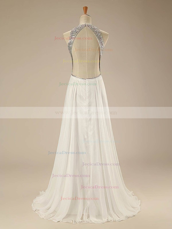 Sexy A-line Scoop Neck White Chiffon Beading Floor-length Open Back Prom Dresses #JCD020102638