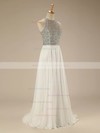 Sexy A-line Scoop Neck White Chiffon Beading Floor-length Open Back Prom Dresses #JCD020102638