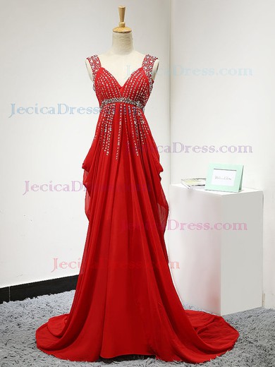 Perfect Empire V-neck Red Chiffon Beading Sweep Train Backless Prom Dresses #JCD020102640