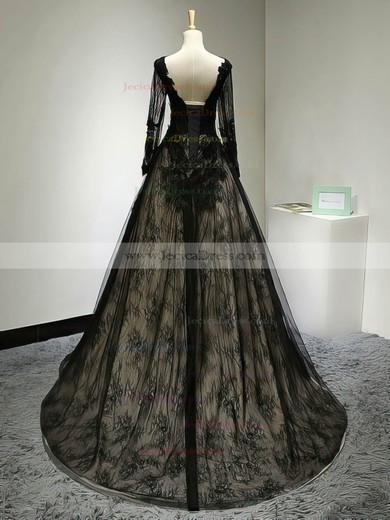 Classy A-line Scoop Neck Black Lace Appliques Lace Court Train Long Sleeve Prom Dress #JCD020102642