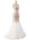 Backless White Tulle Appliques Lace Floor-length Halter Trumpet/Mermaid Prom Dress #JCD020102644