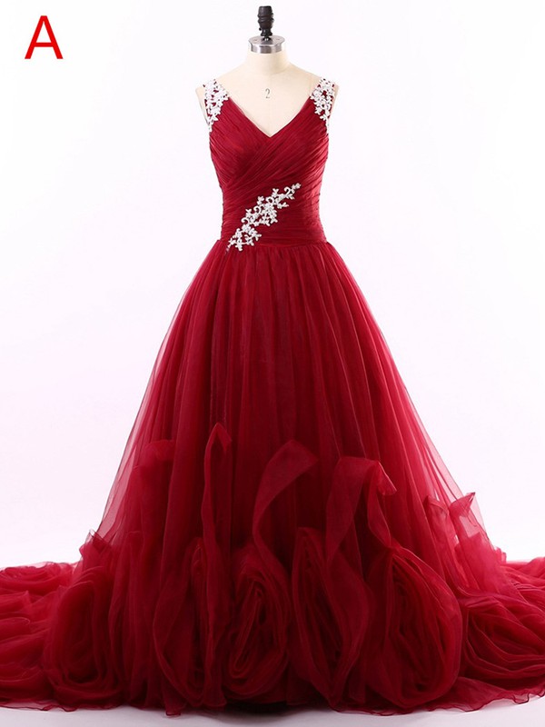 Princess V-neck Burgundy Tulle with Appliques Lace Court Train Graceful Prom Dresses #JCD020102646