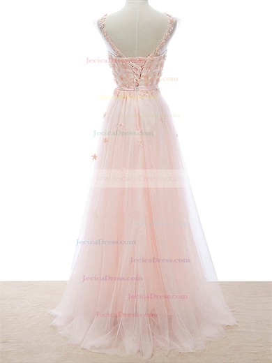Junior A-line Scoop Neck Tulle with Sashes / Ribbons Floor-length Prom Dresses #JCD020102647