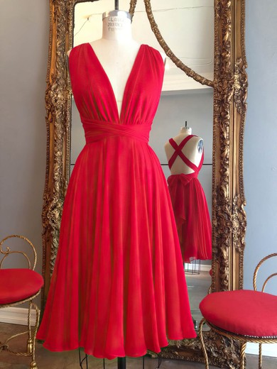 Informal Knee-length A-line V-neck Red Ruffles Chiffon Backless Prom Dresses #JCD020102648