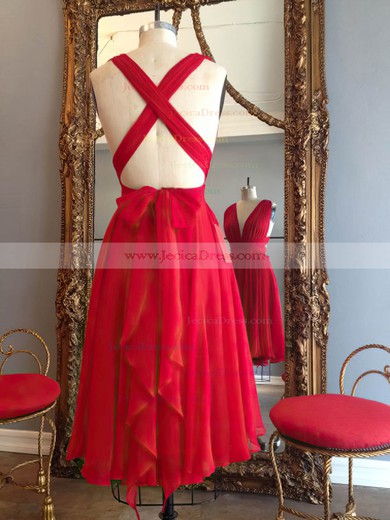 Informal Knee-length A-line V-neck Red Ruffles Chiffon Backless Prom Dresses #JCD020102648