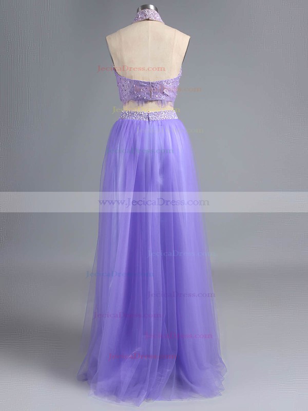 Split Front Halter Tulle Lace Pearl Detailing Sweep Train Two Piece Backless Prom Dress #ZPJCD020100079