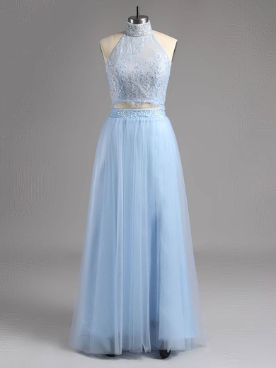 Split Front Halter Tulle Lace Pearl Detailing Sweep Train Two Piece Backless Prom Dress #ZPJCD020100079