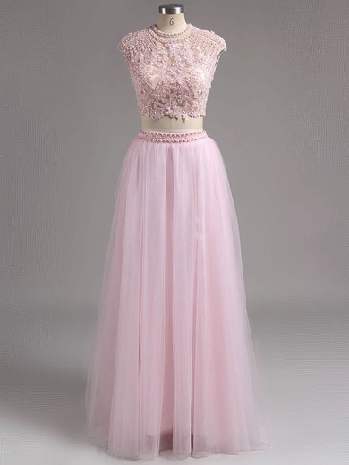 Two Piece Scoop Neck Cap Straps Lace Tulle Beading Sweep Train Open Back Prom Dress #ZPJCD020100089